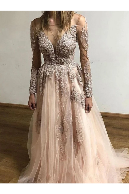 Sheer Round Neck Appliques Long Sleeves Tulle Prom Party Dresses,JL20010