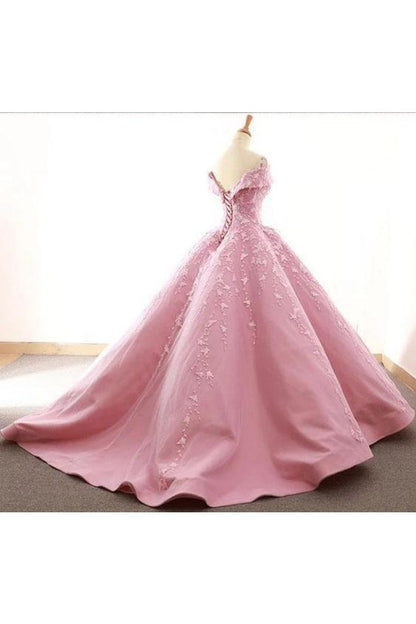 Ball Gown Off The Shoulder Satin Prom Dress With Appliques, Long Quinceanera Dress,JL20014