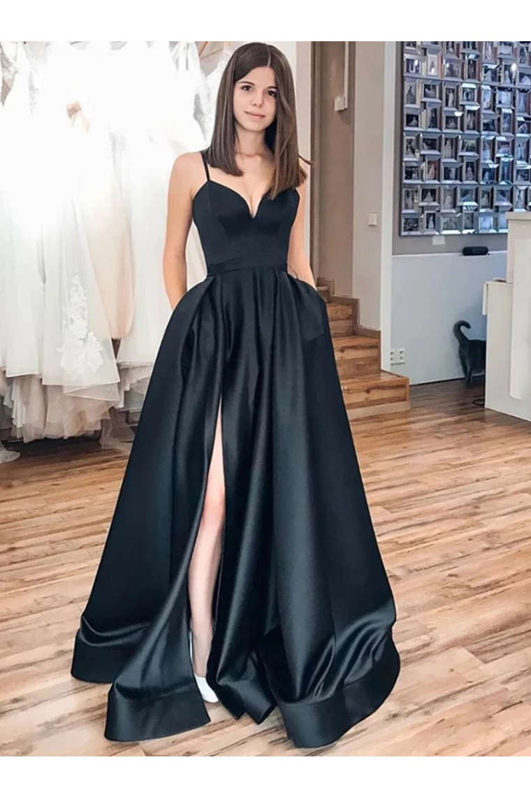 Black Spaghetti Straps Split Long Satin Prom Dress, A Line Simple Long Formal Dress,JL20020