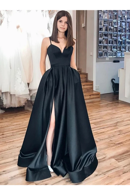 Black Spaghetti Straps Split Long Satin Prom Dress, A Line Simple Long Formal Dress,JL20020