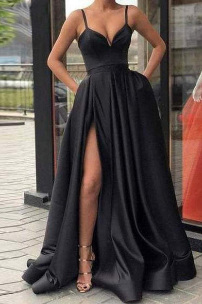 Black Spaghetti Straps Split Long Satin Prom Dress, A Line Simple Long Formal Dress,JL20020