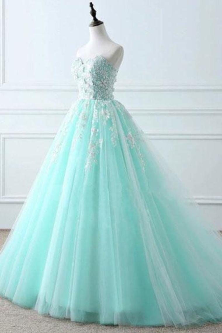 Sweetheart Puffy Tulle Prom Dress With Lace Appliques, Long Graduation Dress,JL20023