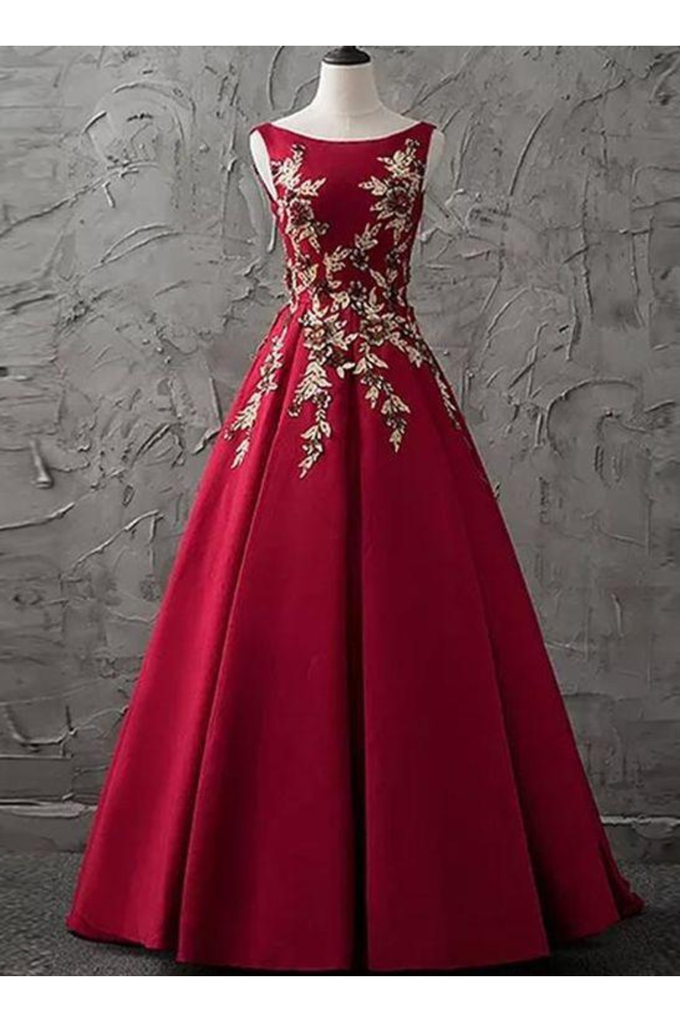 A-Line Bateau Floor-Length Sleeveless Satin Prom Dress/Evening Dress Appliques,JL20024