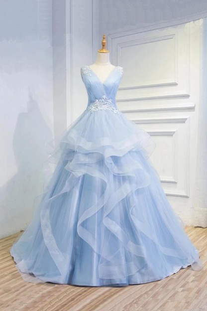 Puffy V Neck Sleeveless Tulle Prom Dress With Appliques, Quinceanera Dress,JL20028