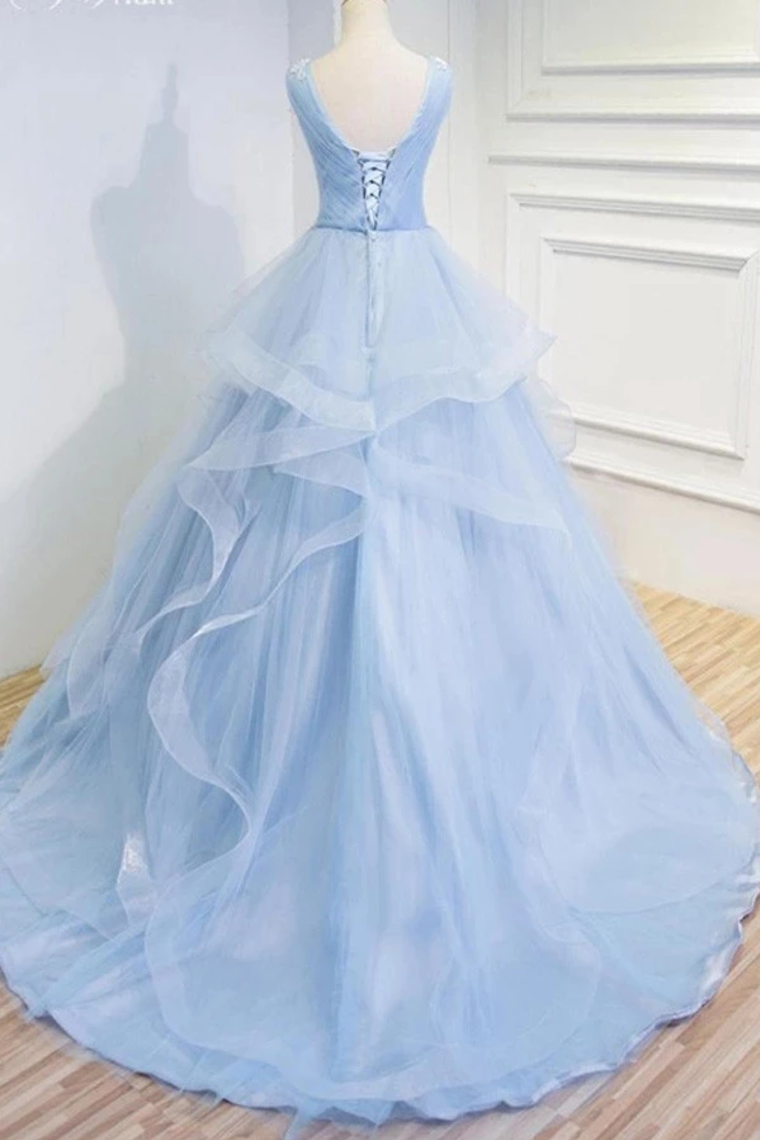 Puffy V Neck Sleeveless Tulle Prom Dress With Appliques, Quinceanera Dress,JL20028