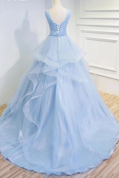 Puffy V Neck Sleeveless Tulle Prom Dress With Appliques, Quinceanera Dress,JL20028