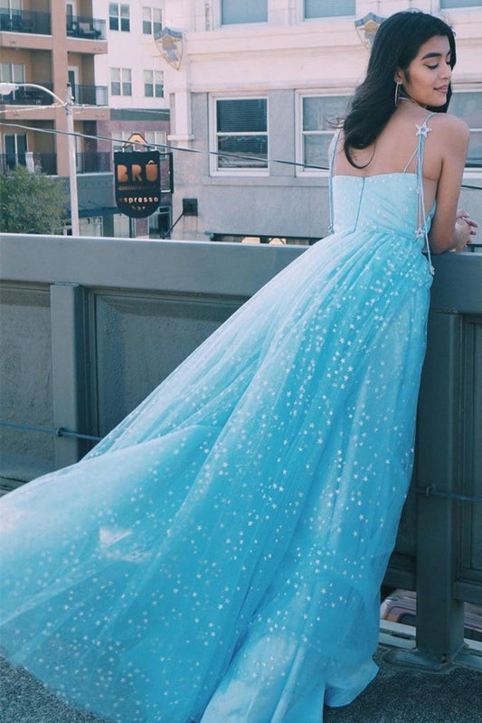 Charming A Line Spaghetti Straps Tulle Prom Dresses With Stars, Dance Dresses,JL20033