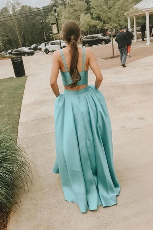 Simple A Line Two Pieces V Neck Satin Prom Dresses, Formal Dress,JL20044