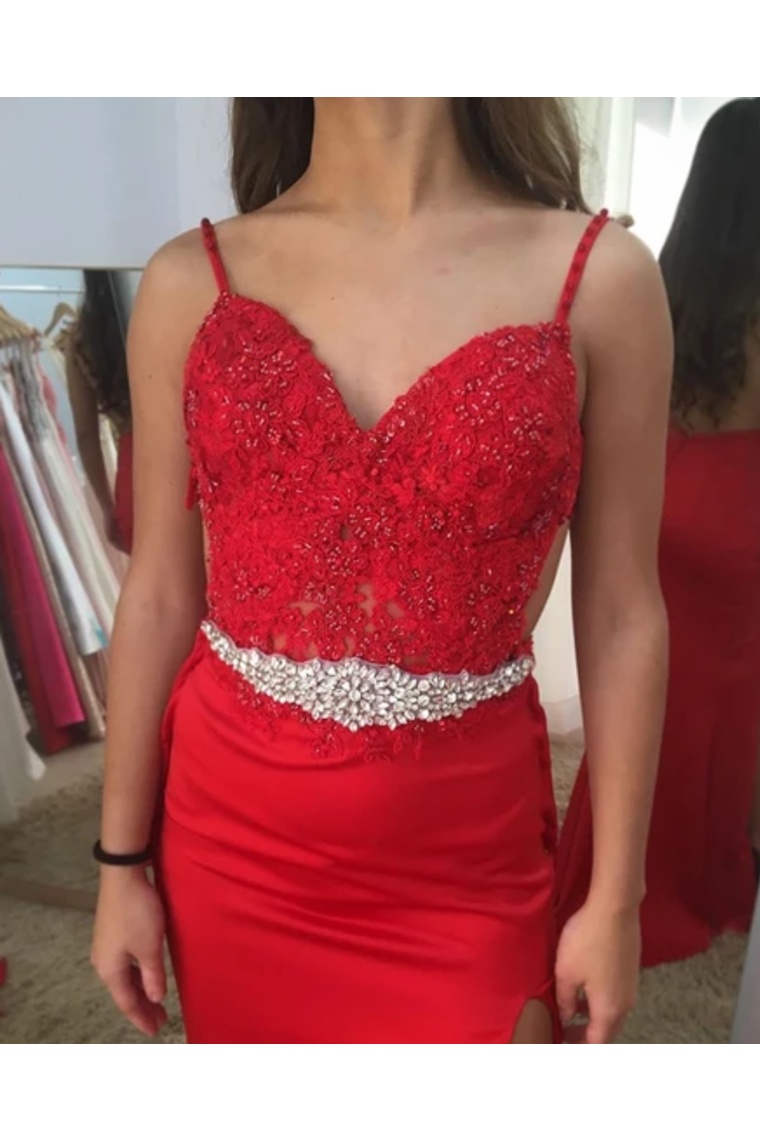 Beaded Spaghetti Straps Sweetheart Neckline Rhinestones Sash Red Prom Dresses,JL20046