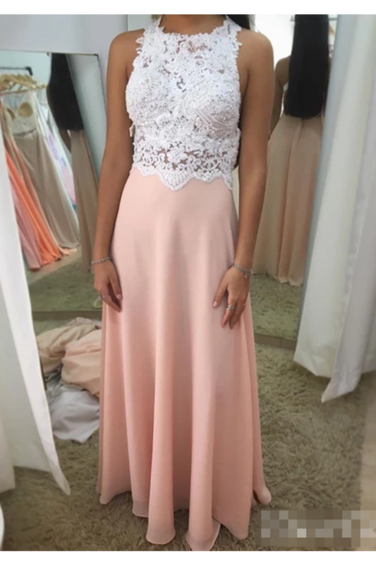 Halter Neck Ivory Top Beadings Blush Crepe Chiffon Prom Dresses,JL20048