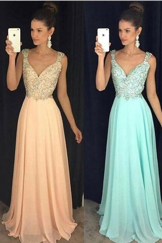 Prom Dresses Straps Beaded Bodice A Line Chiffon Zipper Up,JL20051