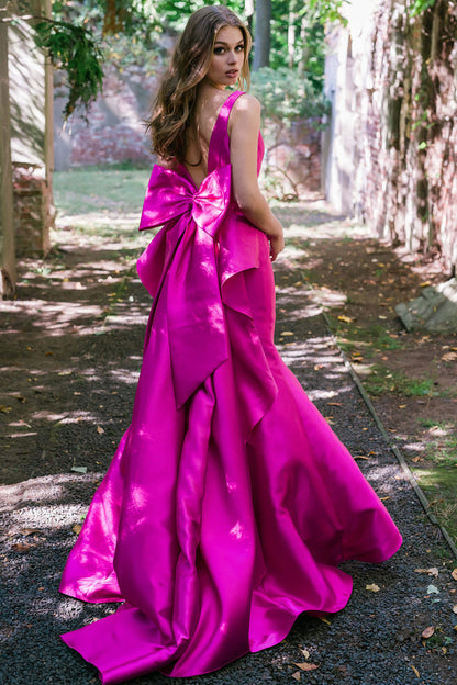 New Arrival V Neck Open Back Mermaid Prom Dresses Satin With Bow Knot,JL20056