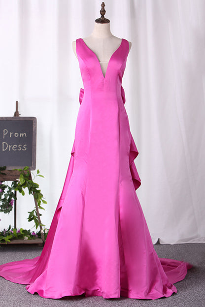 New Arrival V Neck Open Back Mermaid Prom Dresses Satin With Bow Knot,JL20056