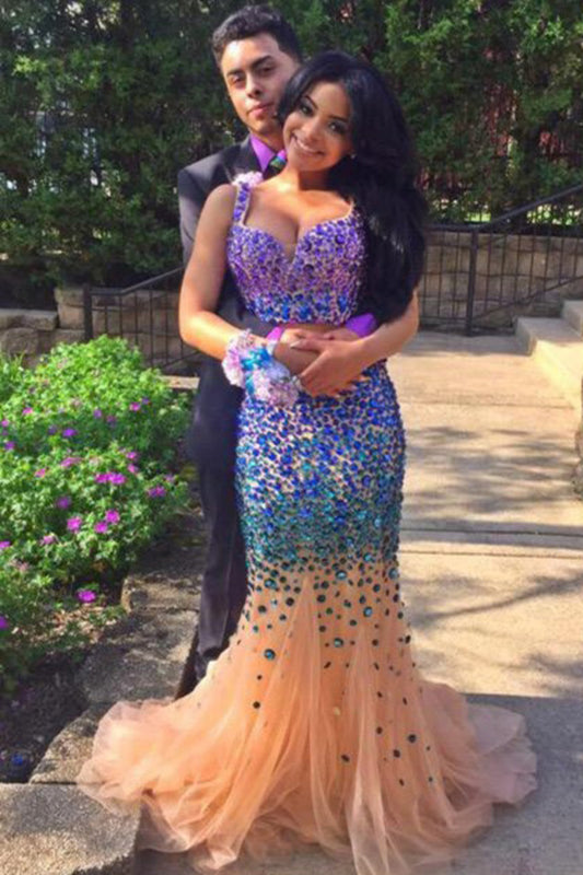 Shining Straps Prom Dresses Mermaid Tulle With Beading Sweep Train Two Pieces,JL20075