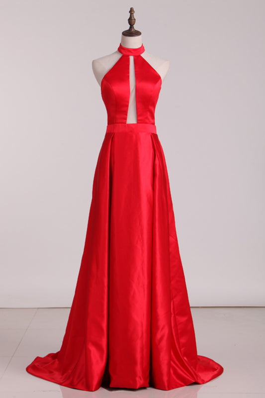 New Arrival Halter A Line Evening Dresses Satin Sweep Train,JL20083