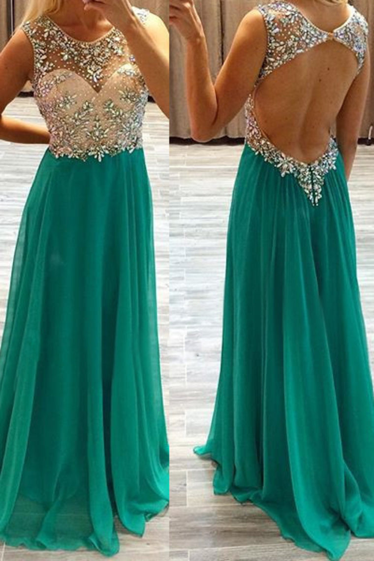 Open Back Prom Dresses Scoop A Line With Beads Sweep Train,JL20103