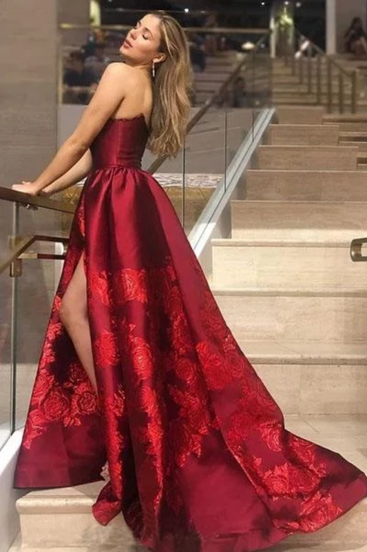 Unique A Line Strapless Burgundy Satin Prom Dresses With Appliques, Formal Dresses,JL20107