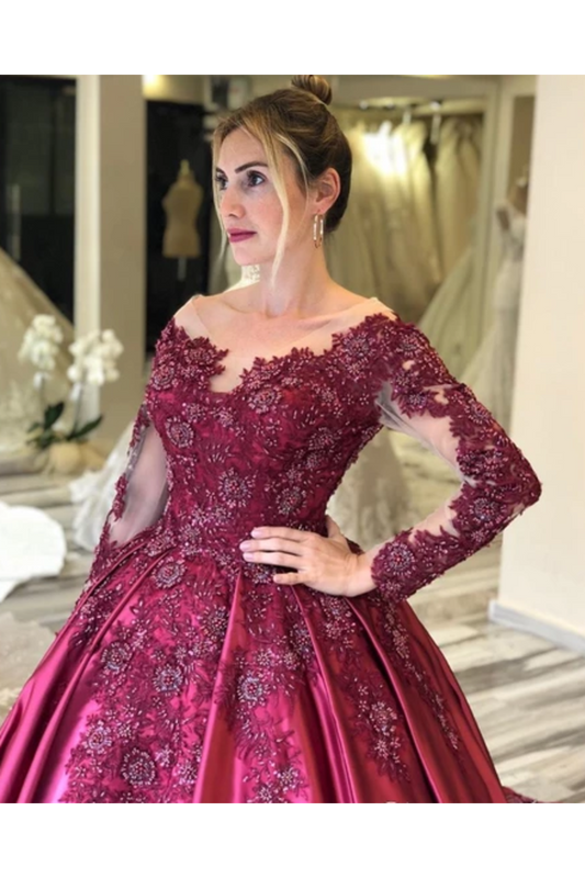 Prom Dress With Long Sleeves And Floral Embroidery Burgundy Colored Court Train,JL20119