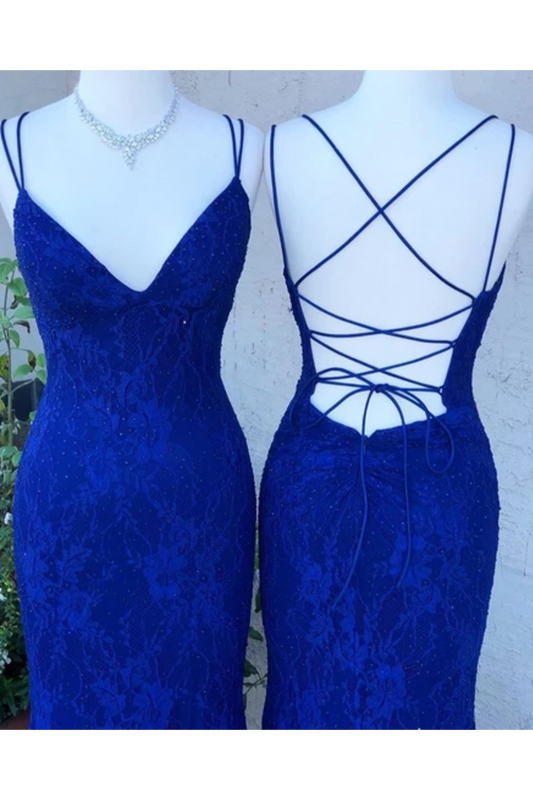 Spaghetti Crossed Straps Royal Blue Mermaid Prom Dresses V Neck Lace Formal Dresses,JL20130
