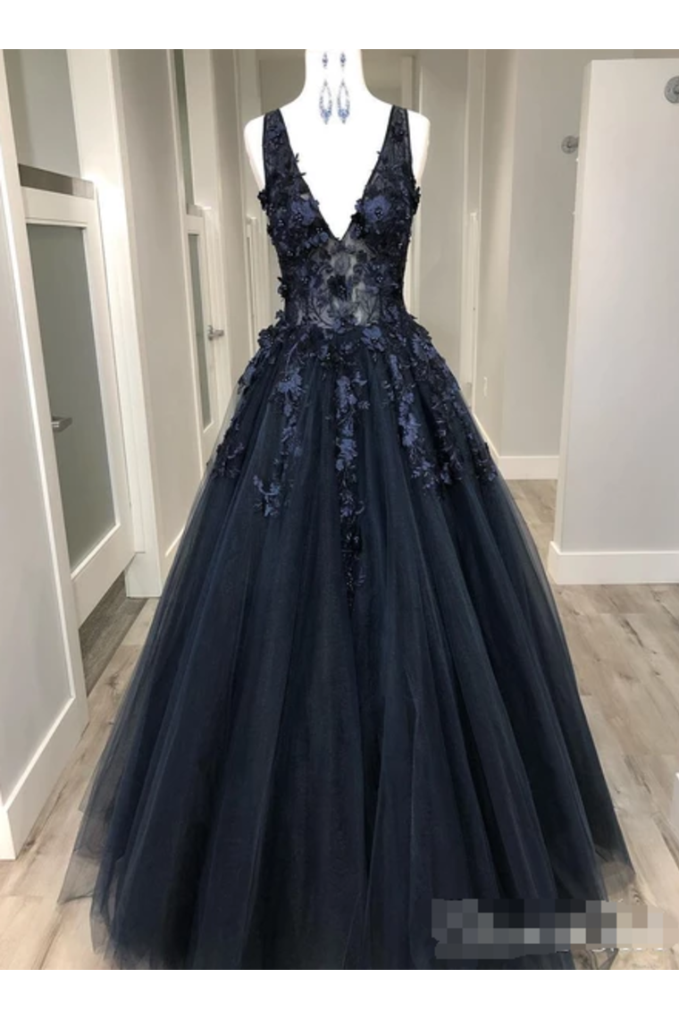 Black Deep V Neck Appliqued Prom Dresses See Through Floor Length Formal Dresses,JL20133