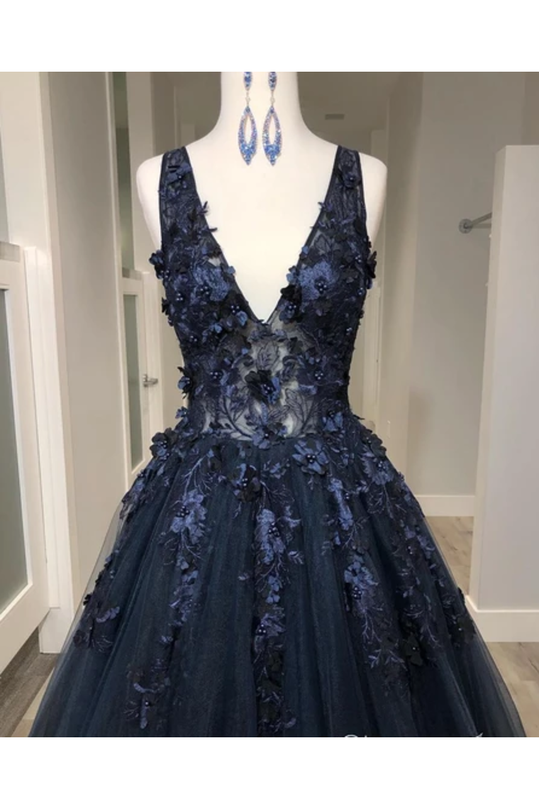Black Deep V Neck Appliqued Prom Dresses See Through Floor Length Formal Dresses,JL20133