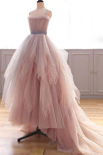 Vintage A Line Spaghetti Straps Blush Prom Dresses, Puffy Ruffles Party Dresses,JL20134