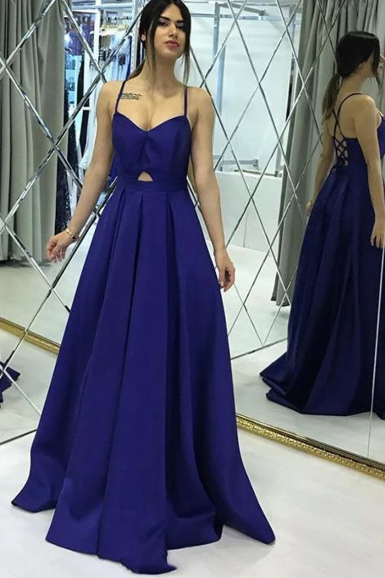 Simple A Line Spaghetti Straps Satin Long Prom Dresses Criss Cross Back,JL20141