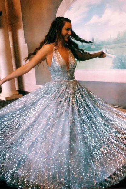 Sparkly Deep V Neck A Line Prom Dresses, Floor Length Sleeveless Long Formal Dress,JL20148