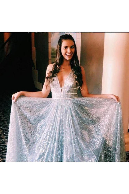 Sparkly Deep V Neck A Line Prom Dresses, Floor Length Sleeveless Long Formal Dress,JL20148