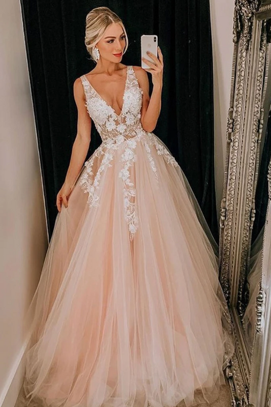 Puffy Deep V Neck Sleeveless Tulle Prom Dresses, A Line Appliqued Floor Length Party Dress,JL20151