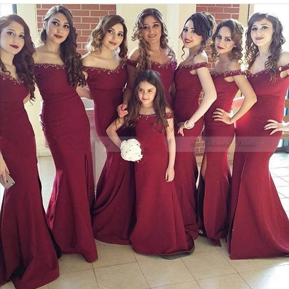 burgundy off shoulder elegant mermaid bridesmaid dresses, BD2022