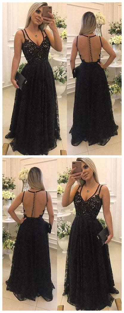 see through back v-neck formal black lace long prom dress, PD5478