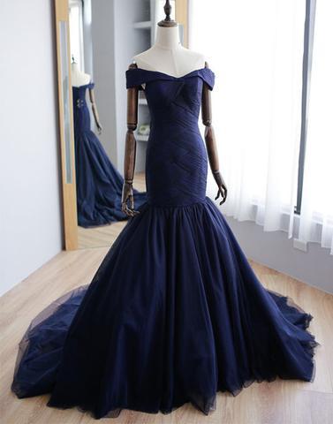 off shoulder mermaid blue tulle long long prom dress, PD9978