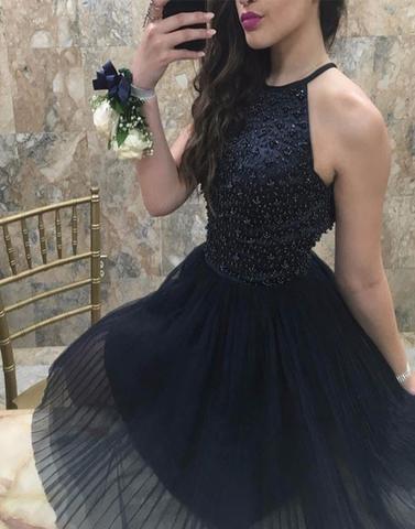 tulle beaded dark blue short homecoming dress, HD190