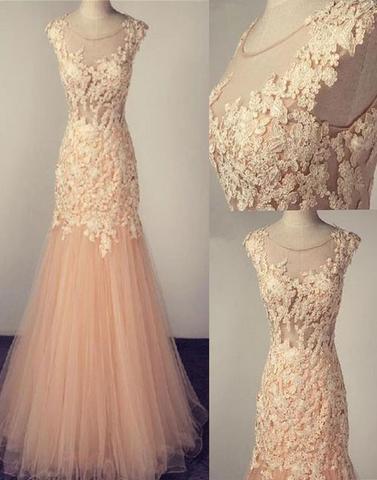 blush pink tulle mermaid scoop long lace appliques prom dresses, PD1145