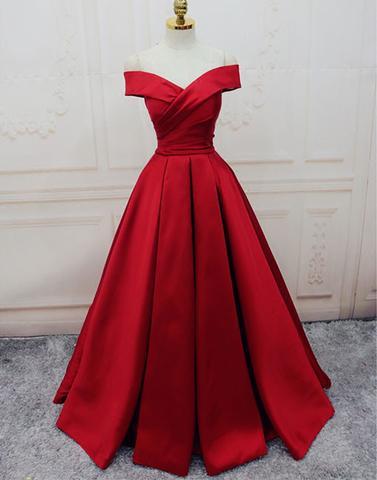 off shoulder red A-line satin long formal prom dress, PD8373