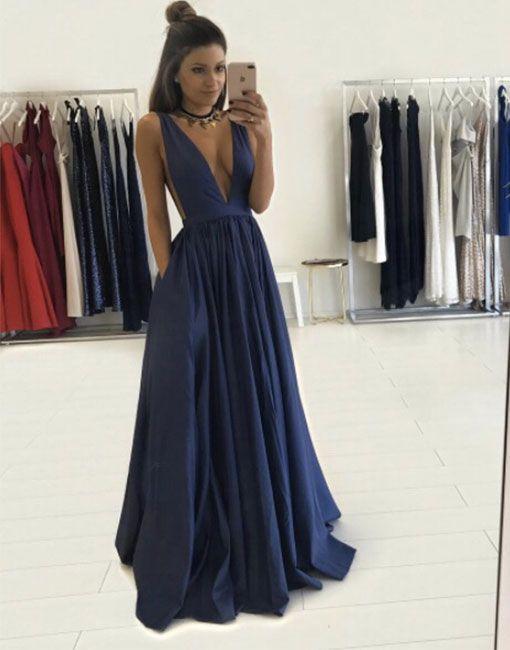 navy prom dress, long prom dress, v-neck prom dress, evening dress, prom dress, BD384