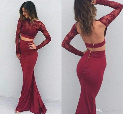 two pieces prom dress, long sleeves prom dress, burgundy prom dress, mermaid evening dress, open back prom dress, BD543