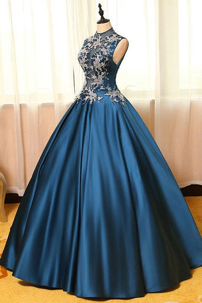 high neck dark teal A-line long prom dress, PD2137