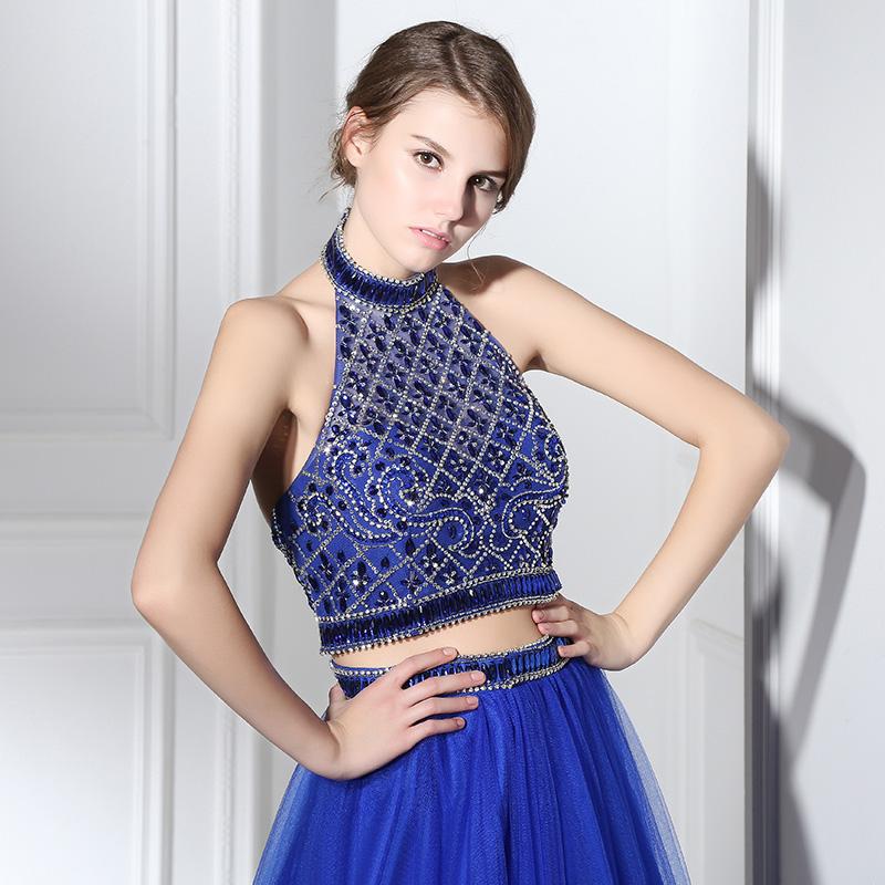 2 Pieces Royal Blue Long Prom Dresses Beaded A-Line Evening Dresses Halter Backless Formal Dresses
