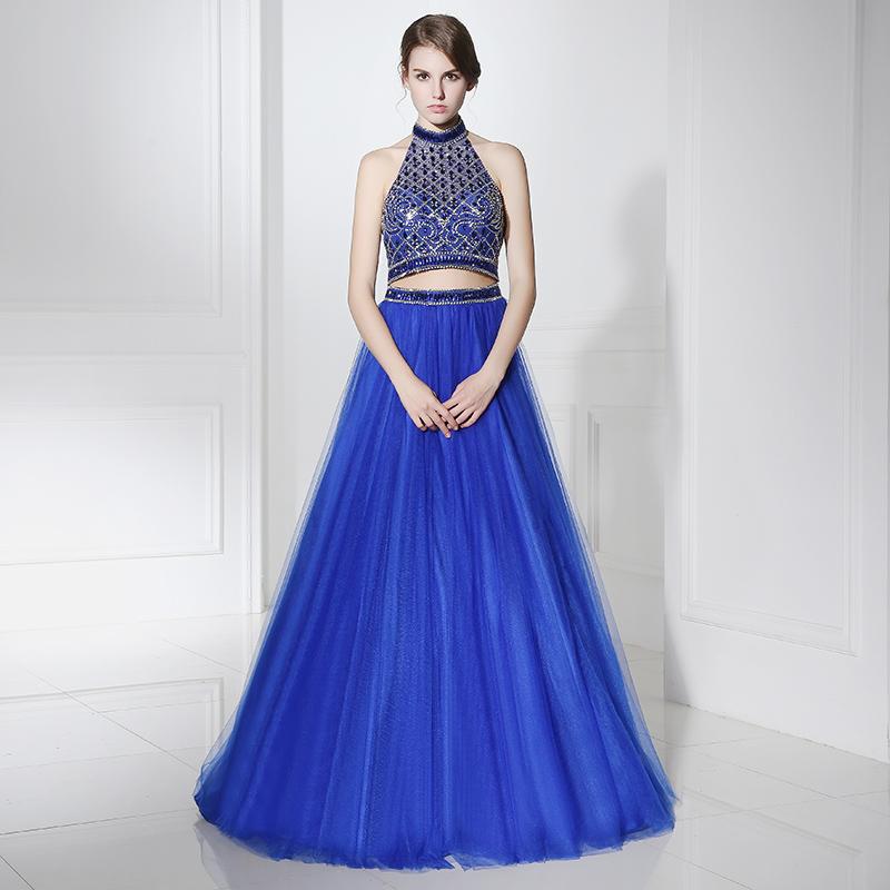 2 Pieces Royal Blue Long Prom Dresses Beaded A-Line Evening Dresses Halter Backless Formal Dresses