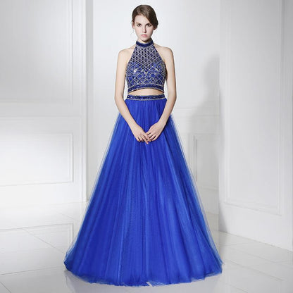 2 Pieces Royal Blue Long Prom Dresses Beaded A-Line Evening Dresses Halter Backless Formal Dresses