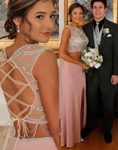 dusty pink two pieces beaded top long side slit prom dress , PD1293