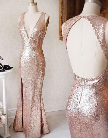 sequin long v-neck open back bridesmaid prom dress, PD52654