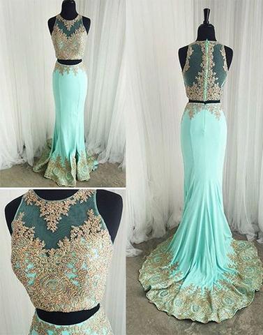 mint green two pieces appliques prom dress, evening dress, BD641547