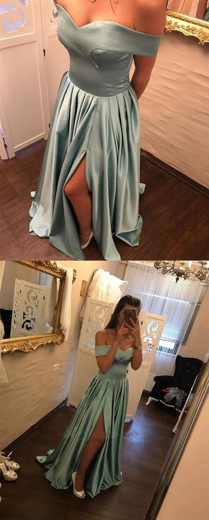 formal off shoulder grey side slit long prom dress, BD7674