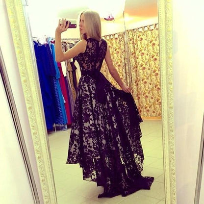 lace prom dress, hi-lo prom dress, black prom dress, charming prom dress, unique evening gown, BD125