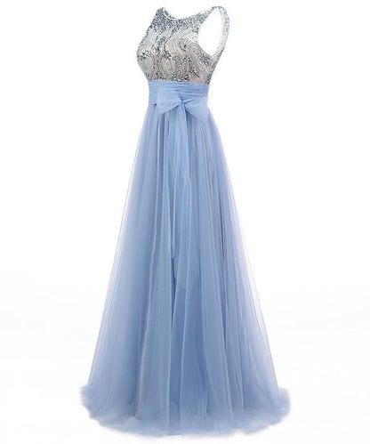 blue prom dress, long prom dress, tulle prom gown, beaded prom dress, popular evening dress, BD154