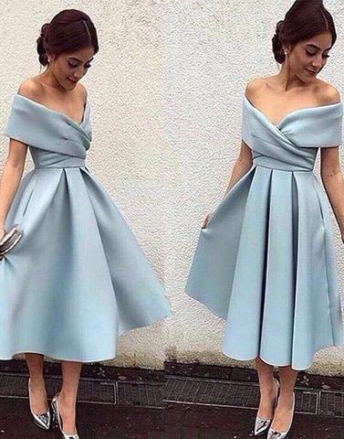 light blue homecoming dress, short homecoming dress, off shoulder prom dress, homecoming dress, satin homecoming dress, BD32871