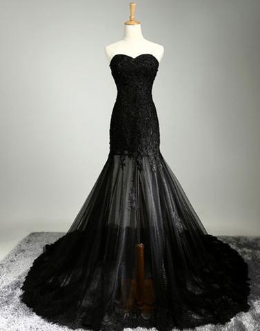 Long Sweetheart Black Lace Mermaid  Prom Dress, PD8529